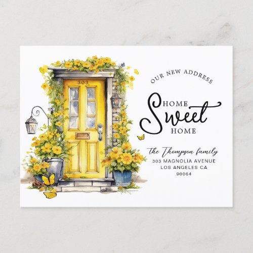 Chic Yellow Floral Door Home Sweet Home Moving Announcement Postcard