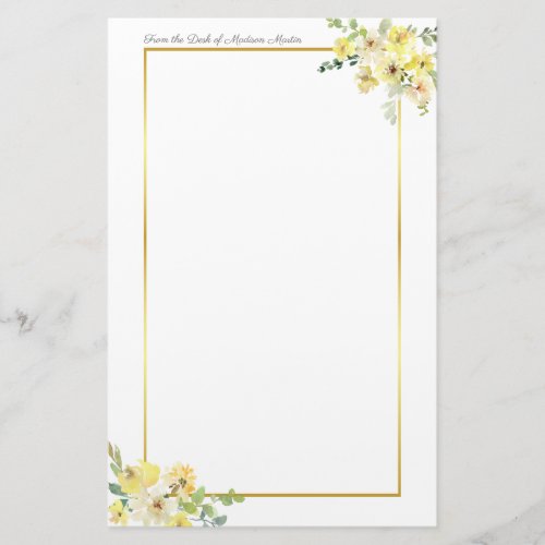 Chic Yellow Floral Gold Border Custom Stationery