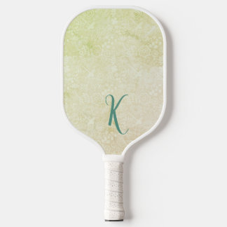 Chic Yellow Floral Pattern Monogram Pickleball Paddle