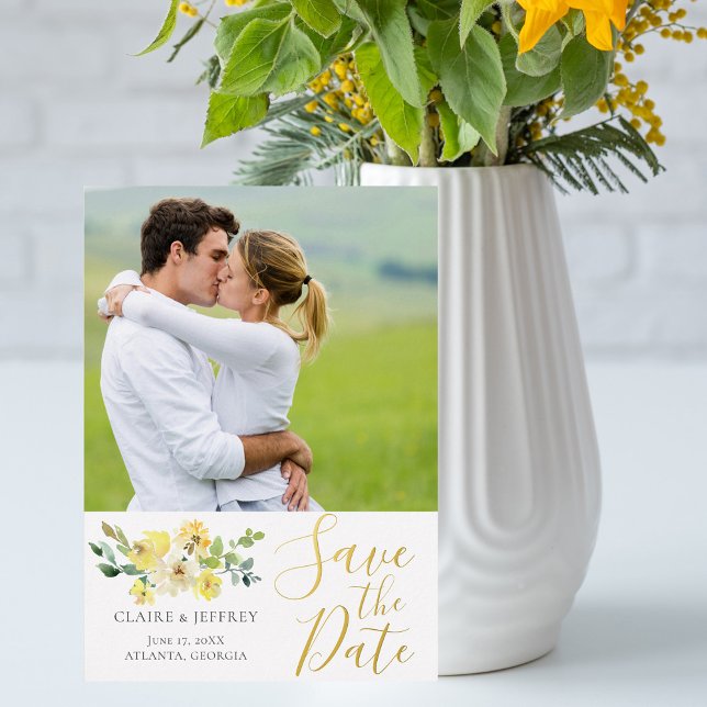 Chic Yellow Floral Photo Summer Save The Date Gold Foil Invitation (Creator Uploaded)