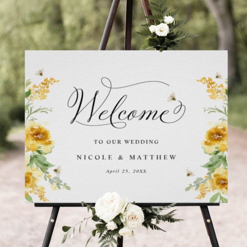 Chic Yellow Floral with Bees Wedding Welcome Sign