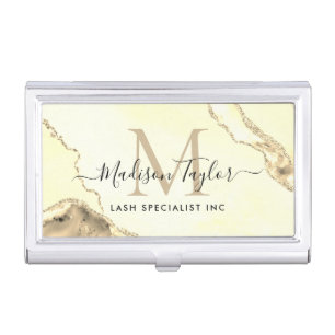 Chic Yellow Gold Glitter Marble Agate Monogram Business Card Case