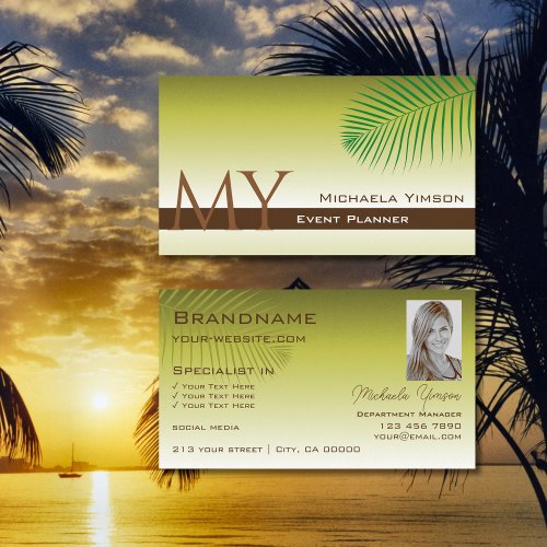 Chic Yellow Gradient Palm Leaf Monogram and Photo Business Card