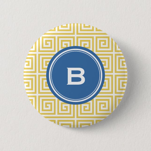 Chic yellow greek key geometric patterns monogram button (Front)