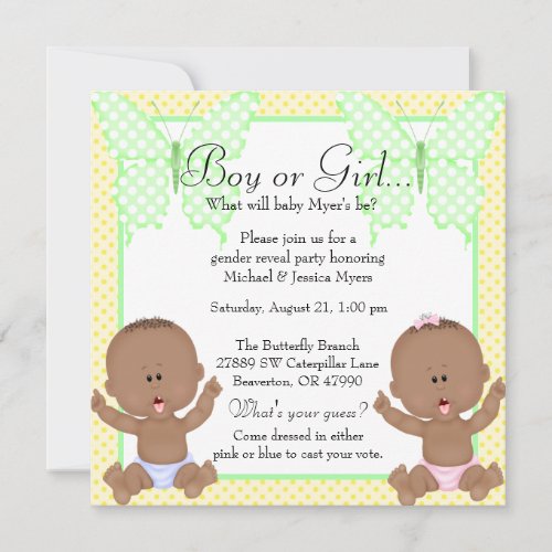 Chic Yellow  Green Butterfly Gender Reveal Invitation