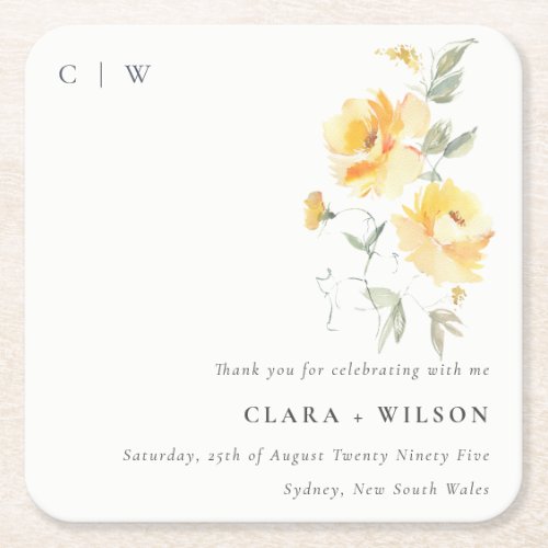 Chic Yellow Green Watercolor Rose Flower Wedding Square Paper Coaster