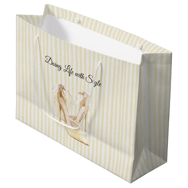 Chic Yellow High Heels Stripes Birthday Large Gift Bag (Front Angled)