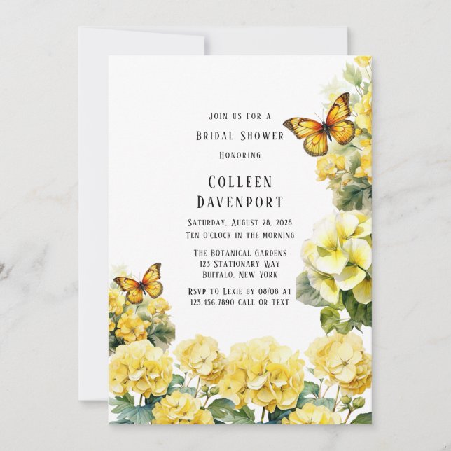 Chic Yellow Hydrangea Butterfly Bridal Shower Invitation (Front)