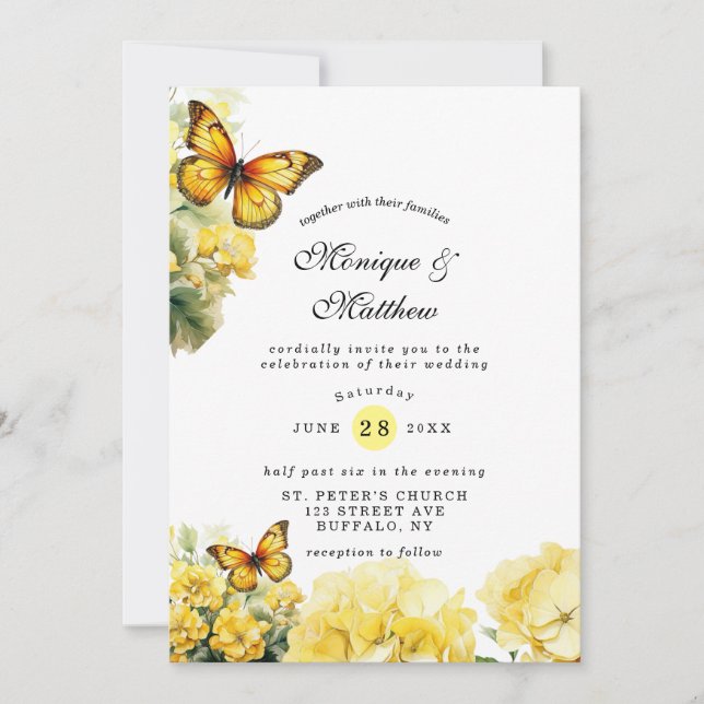 Chic Yellow Hydrangea Butterfly Wedding Invitation (Front)
