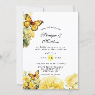 Chic Yellow Hydrangea Butterfly Wedding Invitation