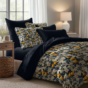 Chic yellow lemons navy blue leaves mediterranean duvet cover