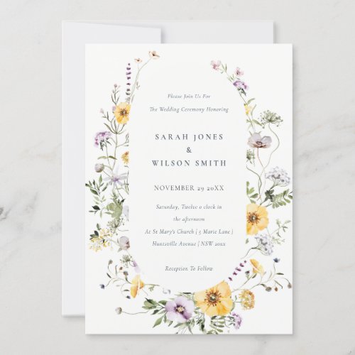 Chic Yellow Lilac Wildflower Frame Wedding Invite