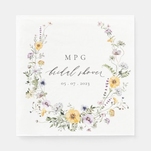 Chic Yellow Lilac Wildflower Wreath Bridal Shower Napkins