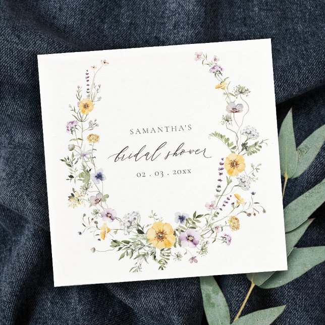 Chic Yellow Lilac Wildflower Wreath Bridal Shower Napkins (Creator Uploaded)