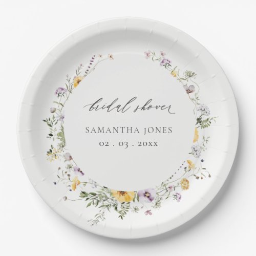 Chic Yellow Lilac Wildflower Wreath Bridal Shower Paper Plates