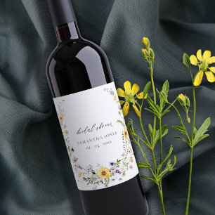 Chic Yellow Lilac Wildflower Wreath Bridal Shower Wine Label