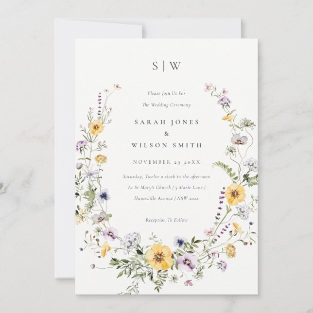 Chic Yellow Lilac Wildflower Wreath Wedding Invite (Front)