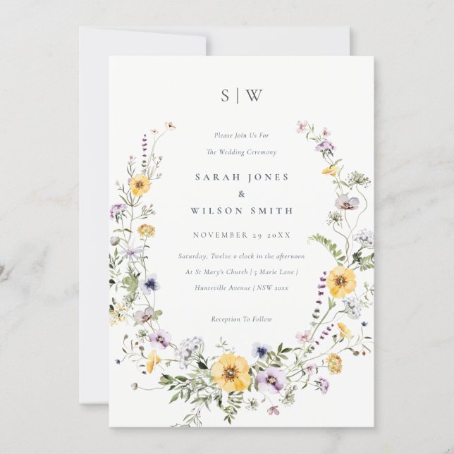 Chic Yellow Lilac Wildflower Wreath Wedding Invite (Front)