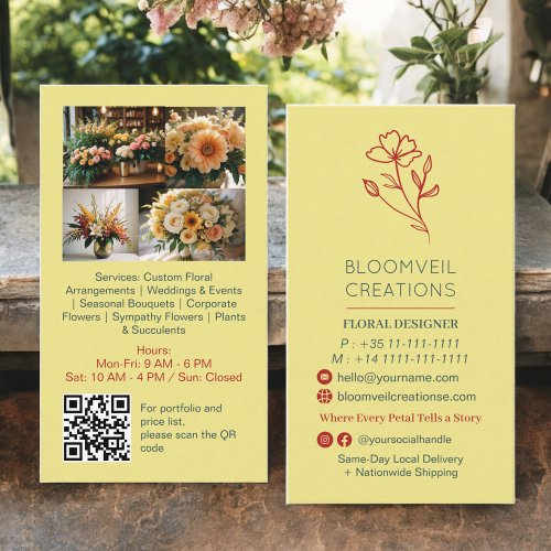 Chic yellow minimalist florist photos qr code business card