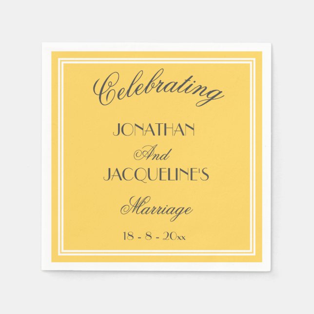 Chic Yellow Personalized Names Wedding Napkins (Front)