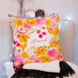 Chic yellow pink floral watercolor bridal name throw pillow<br><div class="desc">Garden yellow pink floral watercolor bridal shower name,  featuring hand painted pink roses,  yellow sunflowers,  and other cute pretty garden flowers with a modern script font brush.</div>