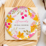 Chic yellow pink floral watercolor bridal welcome paper plates<br><div class="desc">Garden yellow pink floral watercolor bridal shower paper plate,  featuring hand painted pink roses,  yellow sunflowers,  and other cute pretty garden flowers with a modern script font brush.</div>