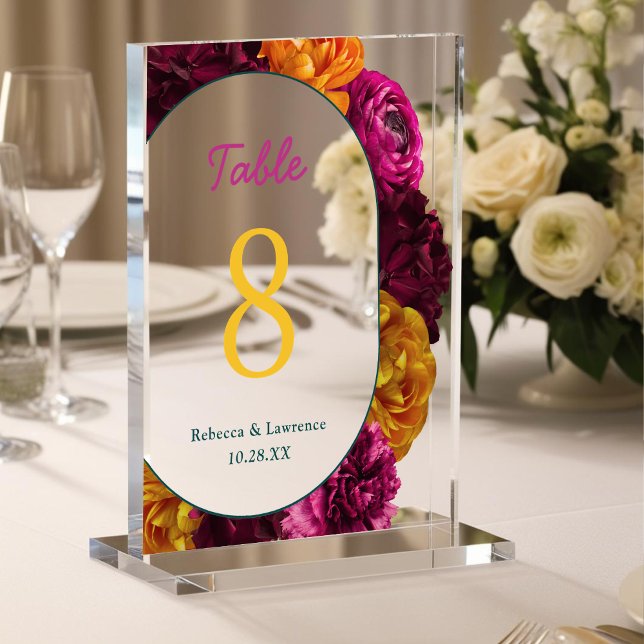 Chic yellow pink green floral wedding table number acrylic sign (Creator Uploaded)