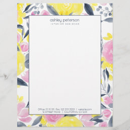 Chic yellow pink indigo blue floral watercolor letterhead