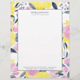 Chic yellow pink indigo blue floral watercolor letterhead