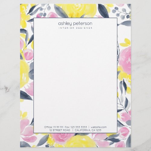 Chic yellow pink indigo blue floral watercolor letterhead