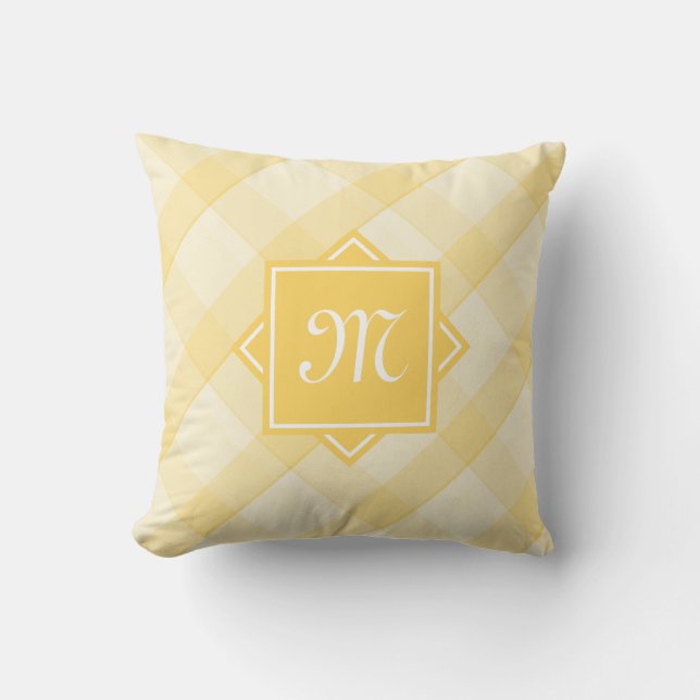 Chic Yellow Plaid With Modern Diagonal Monogram Throw Pillow (Front)