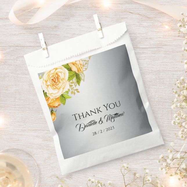 Chic Yellow Roses and Silver Wedding Favor Bag (Clipped)