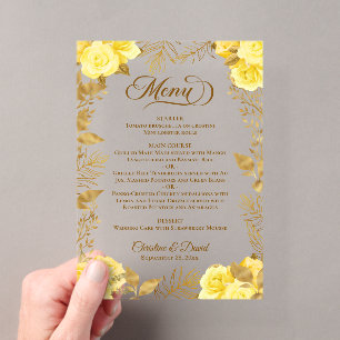 Chic Yellow Roses Gold Leaves Wedding Menu Petite Acrylic Invitation
