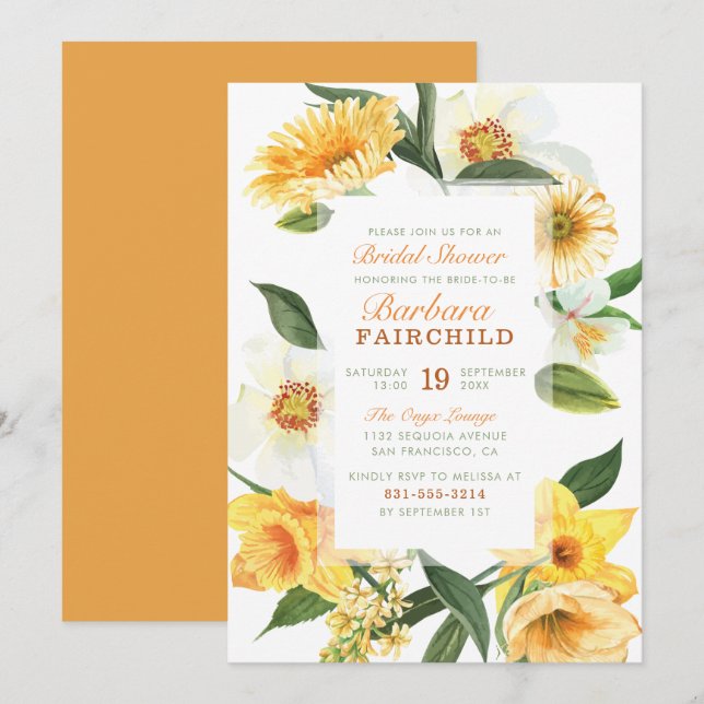 Chic Yellow Spring Daisies Floral Bridal Shower Invitation (Front/Back)