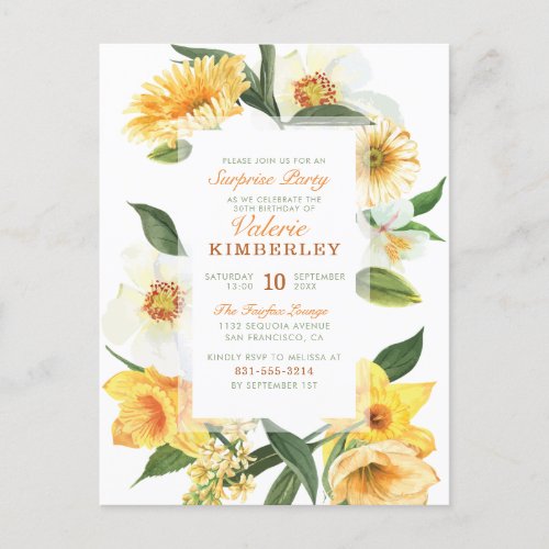 Chic Yellow Spring Daisies Floral Surprise Party Invitation Postcard