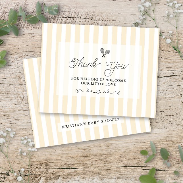 Chic Yellow Striped Tennis Preppy Thank You Cards (chic preppy yellow and white striped baby shower flat thank you cards for elegant upscale events)
