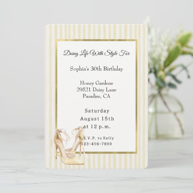 Chic Yellow Stripes High Heels Birthday Invitation (Standing Front)