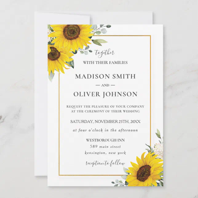 Chic Yellow Sunflower Floral Gold Wedding Invita Invitation | Zazzle