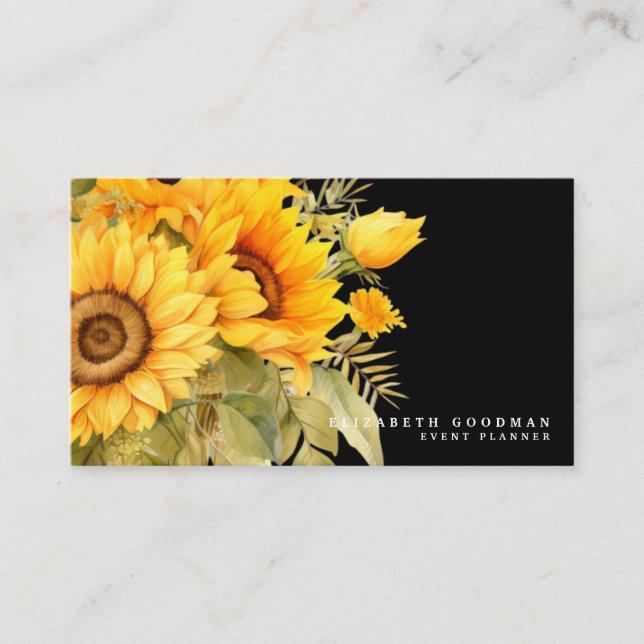 Chic Yellow Sunflowers Black Business Cards (Front)