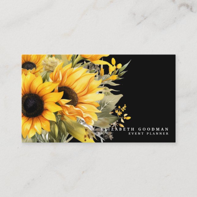 Chic Yellow Sunflowers Black Business Cards (Front)