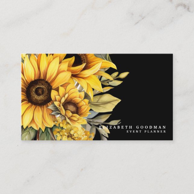 Chic Yellow Sunflowers Black Business Cards (Front)