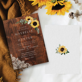 Chic Yellow Sunflowers Lace & Woodgrain Wedding Invitation