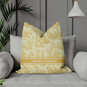 Chic Yellow Vintage French Toile de Jouy Throw Pillow