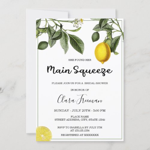 Chic Yellow Watercolor Lemon Theme Bridal Shower Invitation