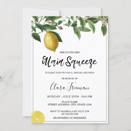 Chic Yellow Watercolor Lemon Themed Bridal Shower Invitation