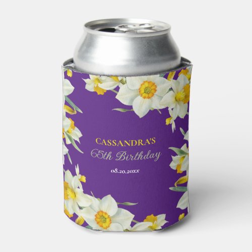 Chic Yellow White Daffodil Floral Purple Birthday  Can Cooler