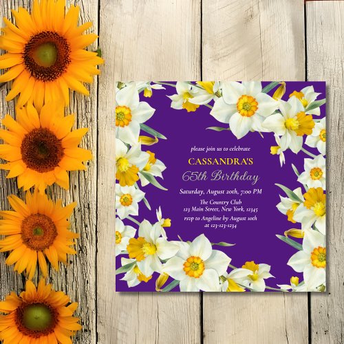 Chic Yellow White Daffodil Floral Purple Birthday  Invitation