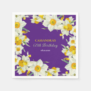 Chic Yellow White Daffodil Floral Purple Birthday  Napkins