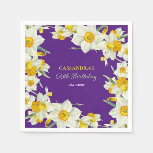 Chic Yellow White Daffodil Floral Purple Birthday  Napkins