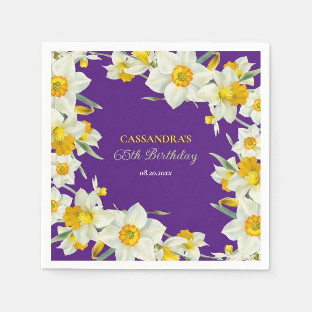 Chic Yellow White Daffodil Floral Purple Birthday  Napkins (Front)